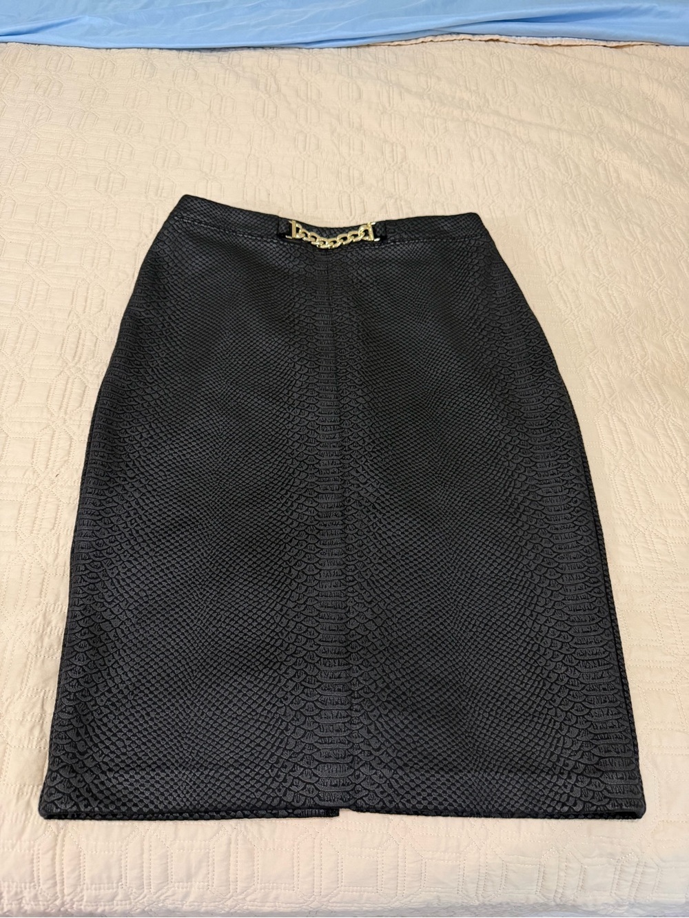 Marc New York Black Textured Pencil Skirt with Gold Chain Accent